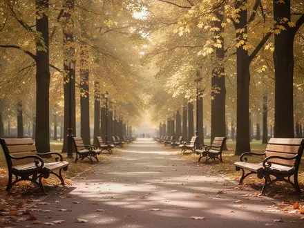 Ein sonnendurchfluteter Parkweg mit leeren Parkbänken unter herbstlichen Bäumen, der eine ruhige und gesundheitsfördernde Umgebung symbolisiert. - Foto: über boerse-global.de