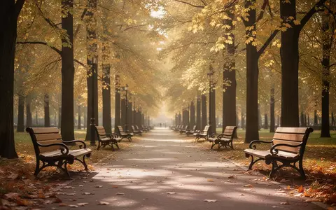 Ein sonnendurchfluteter Parkweg mit leeren Parkbänken unter herbstlichen Bäumen, der eine ruhige und gesundheitsfördernde Umgebung symbolisiert. - Foto: über boerse-global.de
