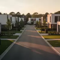 Eine ruhige Wohnstraße mit moderner Architektur und gepflegten Grünflächen im goldenen Licht des späten Nachmittags. - Foto: über boerse-global.de