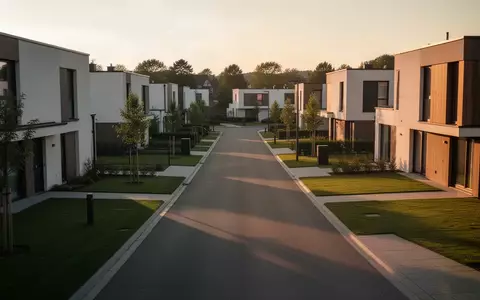 Eine ruhige Wohnstraße mit moderner Architektur und gepflegten Grünflächen im goldenen Licht des späten Nachmittags. - Foto: über boerse-global.de