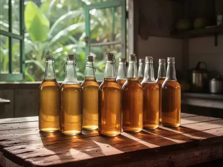 Glasflaschen mit Kokosessig auf einem Holztisch vor einer tropischen Kulisse - Foto: über boerse-global.de
