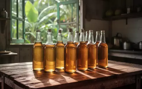 Glasflaschen mit Kokosessig auf einem Holztisch vor einer tropischen Kulisse - Foto: über boerse-global.de