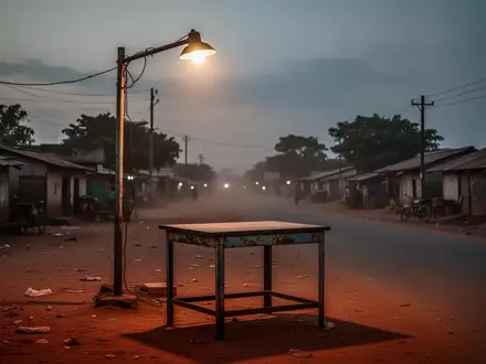 Ein einsamer, verwitterter Metalltisch an einer staubigen Straße in Nigeria bei Dämmerung. - Foto: über boerse-global.de