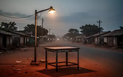 Ein einsamer, verwitterter Metalltisch an einer staubigen Straße in Nigeria bei Dämmerung. - Foto: über boerse-global.de