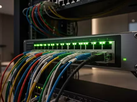 Ein professionelles Netzwerk-Setup mit einem Switch und ordentlich verlegten Ethernet-Kabeln in einem dunklen Raum. - Foto: über boerse-global.de