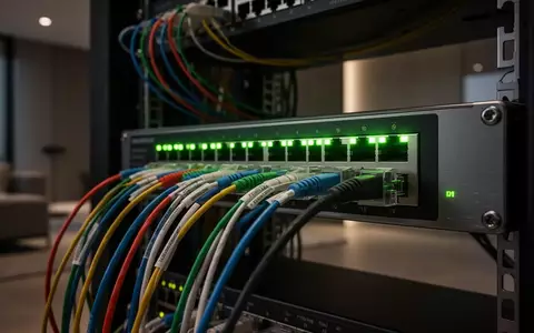 Ein professionelles Netzwerk-Setup mit einem Switch und ordentlich verlegten Ethernet-Kabeln in einem dunklen Raum. - Foto: über boerse-global.de