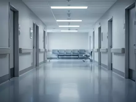 Ein leerer, moderner Krankenhausflur mit glänzendem Boden und dezenter Beleuchtung ohne Personen. - Foto: über boerse-global.de