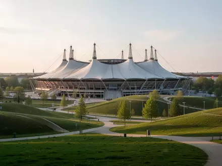 Die charakteristische Zeltdach-Architektur des Olympiaparks in München in einer weitläufigen Parklandschaft. - Foto: über boerse-global.de