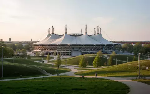Die charakteristische Zeltdach-Architektur des Olympiaparks in München in einer weitläufigen Parklandschaft. - Foto: über boerse-global.de