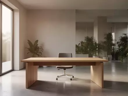 Ein minimalistisch eingerichteter, aufgeräumter Arbeitsplatz mit einem leeren Schreibtisch in einem hellen, modernen Raum. - Foto: über boerse-global.de