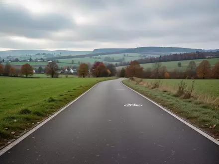 Ein leerer asphaltierter Radweg schlängelt sich durch eine herbstliche Landschaft in Rheinland-Pfalz. - Foto: über boerse-global.de