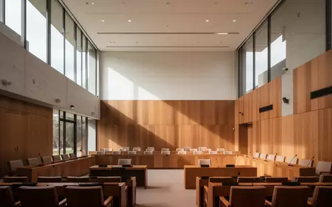 Innenansicht eines modernen Parlamentsgebäudes in Canberra mit leeren Sitzreihen und natürlichem Lichteinfall. - Foto: über boerse-global.de