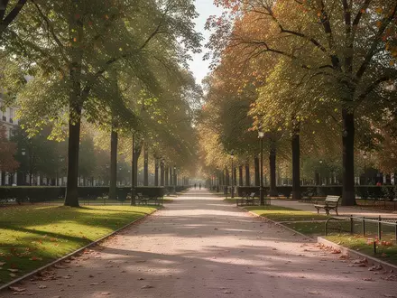 Ein sonniger, leerer Spazierweg in einem europäischen Park mit Bäumen und gepflegten Kieswegen. - Foto: über boerse-global.de
