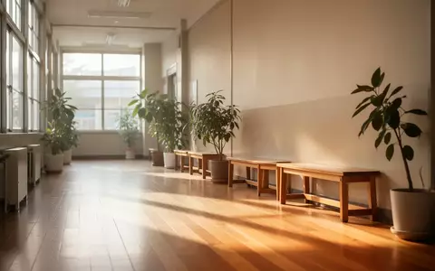 Ein heller, ruhiger Flur in einer Schule mit Holzboden, großen Fenstern und Pflanzen. - Foto: über boerse-global.de