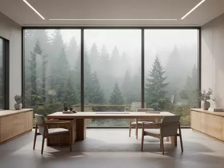 Ein minimalistisches, modernes Büro mit Blick auf einen nebligen Nadelwald in Oregon. - Foto: über boerse-global.de