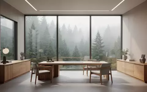 Ein minimalistisches, modernes Büro mit Blick auf einen nebligen Nadelwald in Oregon. - Foto: über boerse-global.de