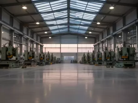 Eine leere, moderne Industriehalle mit stillstehenden Maschinen und natürlichem Lichteinfall. - Foto: über boerse-global.de