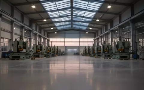 Eine leere, moderne Industriehalle mit stillstehenden Maschinen und natürlichem Lichteinfall. - Foto: über boerse-global.de