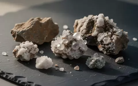 Naturbelassene Mineralien und kristalline Strukturen auf einer dunklen Schieferplatte in natürlichem Licht. - Foto: über boerse-global.de