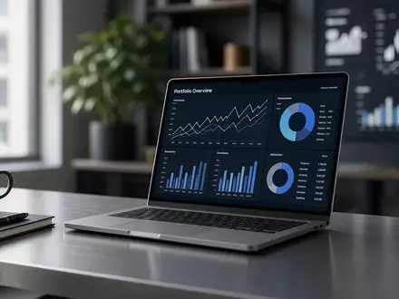 Ein moderner, verschwommener Büroarbeitsplatz mit einem Laptop, der abstrakte Datencharts anzeigt. - Foto: über boerse-global.de