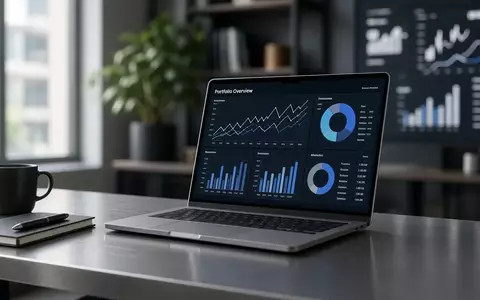 Ein moderner, verschwommener Büroarbeitsplatz mit einem Laptop, der abstrakte Datencharts anzeigt. - Foto: über boerse-global.de