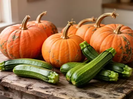 Frische Hokkaido-Kürbisse und Zucchini auf einer rustikalen Holzoberfläche bei natürlichem Licht. - Foto: über boerse-global.de