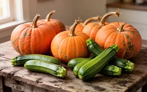 Frische Hokkaido-Kürbisse und Zucchini auf einer rustikalen Holzoberfläche bei natürlichem Licht. - Foto: über boerse-global.de