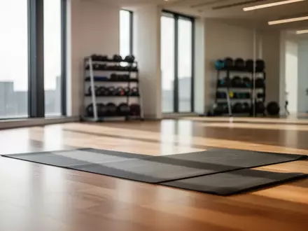 Ein minimalistisch eingerichtetes Fitnessstudio mit einer leeren Yogamatte auf einem Holzboden bei natürlichem Lichteinfall. - Foto: über boerse-global.de