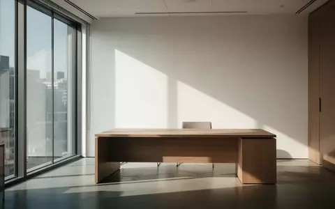 Ein heller, leerer Büroraum mit modernem Interieur und einfallendem Tageslicht, das Schatten auf eine leere Schreibtischoberfläche wirft. - Foto: über boerse-global.de