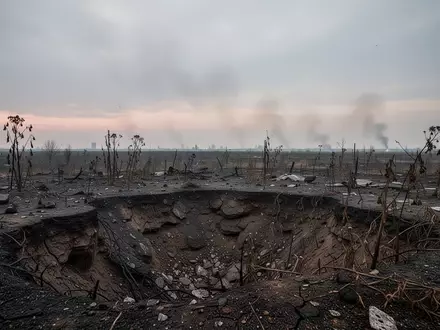 Eine zerstörte, karge Kriegslandschaft in der Region Donezk mit Kratern und verbrannter Erde unter einem bewölkten Himmel. - Foto: über boerse-global.de