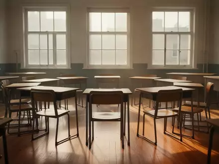 Ein heller, leerer Klassenraum mit im Kreis angeordneten Stühlen und Tischen, der eine ruhige Lernatmosphäre ausstrahlt. - Foto: über boerse-global.de