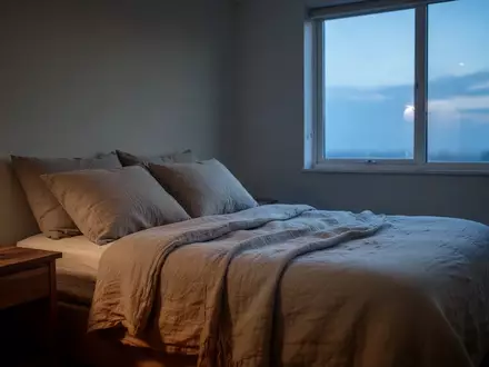 Ein ruhig gestaltetes Schlafzimmer mit einem ordentlich bezogenen Bett bei Dämmerung und weichem, natürlichem Licht. - Foto: über boerse-global.de