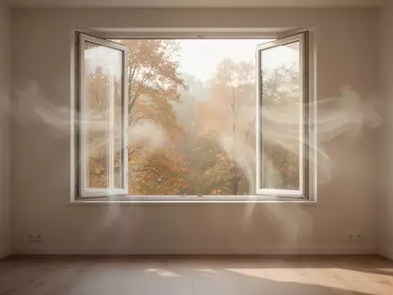 Ein helles, minimalistisch eingerichtetes Zimmer mit einem weit geöffneten Fenster in einer ruhigen herbstlichen Umgebung. - Foto: über boerse-global.de