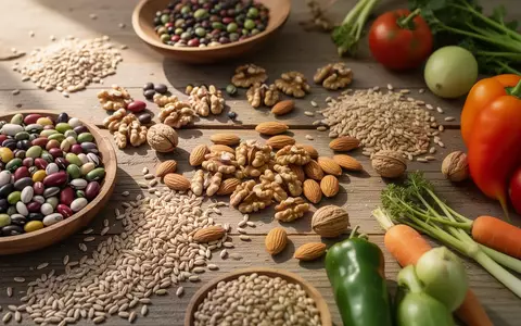 Eine Auswahl an frischen, unverarbeiteten Lebensmitteln wie Hülsenfrüchten, Nüssen und Gemüse auf einem Holztisch. - Foto: über boerse-global.de