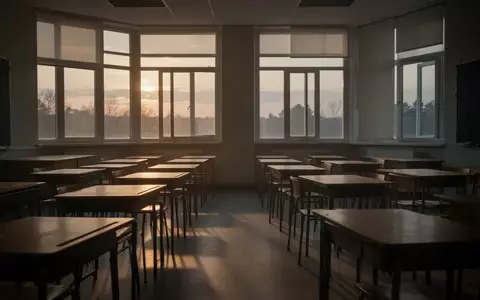 Ein leerer, minimalistischer Klassenraum im sanften Licht der Abenddämmerung mit ordentlich aufgereihten Schulbänken. - Foto: über boerse-global.de