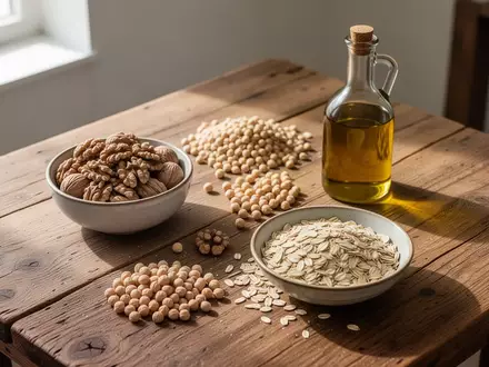Eine Auswahl an gesunden Lebensmitteln wie Nüssen, Hülsenfrüchten und Olivenöl auf einem rustikalen Holztisch. - Foto: über boerse-global.de