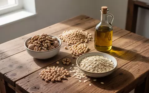 Eine Auswahl an gesunden Lebensmitteln wie Nüssen, Hülsenfrüchten und Olivenöl auf einem rustikalen Holztisch. - Foto: über boerse-global.de