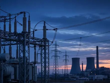 Moderne Industrieanlage mit Hochspannungsleitungen bei Dämmerung. - Foto: über boerse-global.de