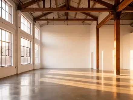 Ein heller, minimalistischer Innenraum eines umgenutzten Gebäudes mit hohen Decken, Betonboden und natürlichem Lichteinfall. - Foto: über boerse-global.de
