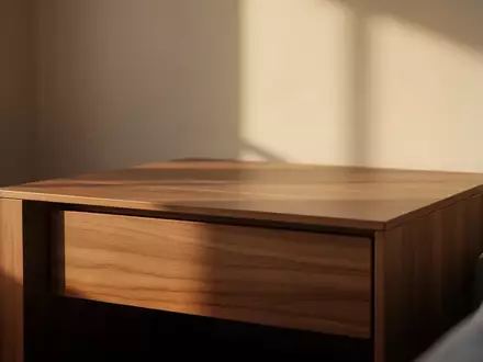 Ein minimalistischer Nachttisch aus Holz in einem hellen, sonnendurchfluteten Raum mit weichen Schatten. - Foto: über boerse-global.de