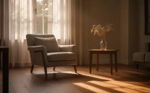 Ein ruhiges, sonnendurchflutetes Wohnzimmer mit einem bequemen Sessel und einer Blumenvase, das eine Atmosphäre der Stille vermittelt. - Foto: über boerse-global.de