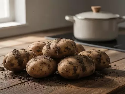 Frische, naturbelassene Kartoffeln auf einer rustikalen Holzoberfläche in einer hellen Küche. - Foto: über boerse-global.de