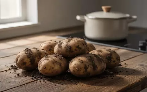 Frische, naturbelassene Kartoffeln auf einer rustikalen Holzoberfläche in einer hellen Küche. - Foto: über boerse-global.de