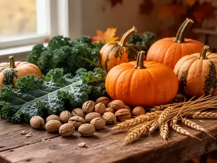 Herbstliches Gemüse wie Kürbisse, Grünkohl und Nüsse auf einem Holztisch bei natürlichem Licht. - Foto: über boerse-global.de