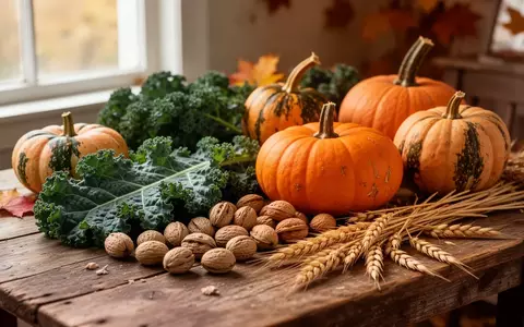 Herbstliches Gemüse wie Kürbisse, Grünkohl und Nüsse auf einem Holztisch bei natürlichem Licht. - Foto: über boerse-global.de