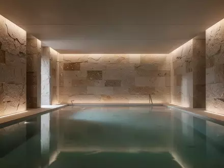 Ein minimalistisch gestalteter Thermenbereich mit Natursteinwänden und einem ruhigen Wasserbecken bei sanfter Beleuchtung. - Foto: über boerse-global.de