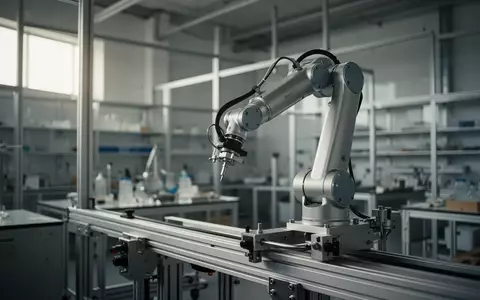 Ein präziser mechanischer Roboterarm in einem modernen, hellen Industrielabor mit Fokus auf technischer Hardware. - Foto: über boerse-global.de