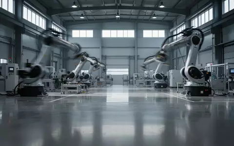 Eine moderne, weitläufige Industriehalle mit glatten Betonböden und verschwommenen mechanischen Elementen in einer Fabrik. - Foto: über boerse-global.de