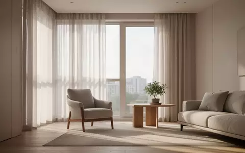 Ein helles, modern eingerichtetes Wohnzimmer mit einem bequemen Sessel und einer Pflanze vor einem großen Fenster. - Foto: über boerse-global.de