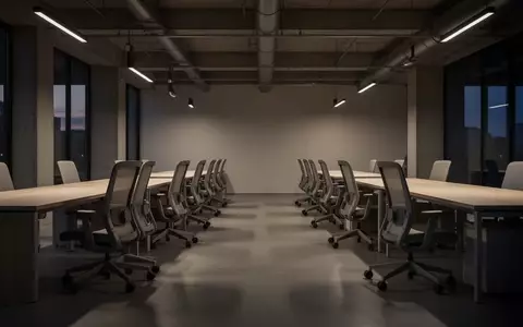 Ein leeres, minimalistisch gestaltetes Büro in der Abenddämmerung mit ergonomischen Stühlen und unbesetzten Schreibtischen. - Foto: über boerse-global.de